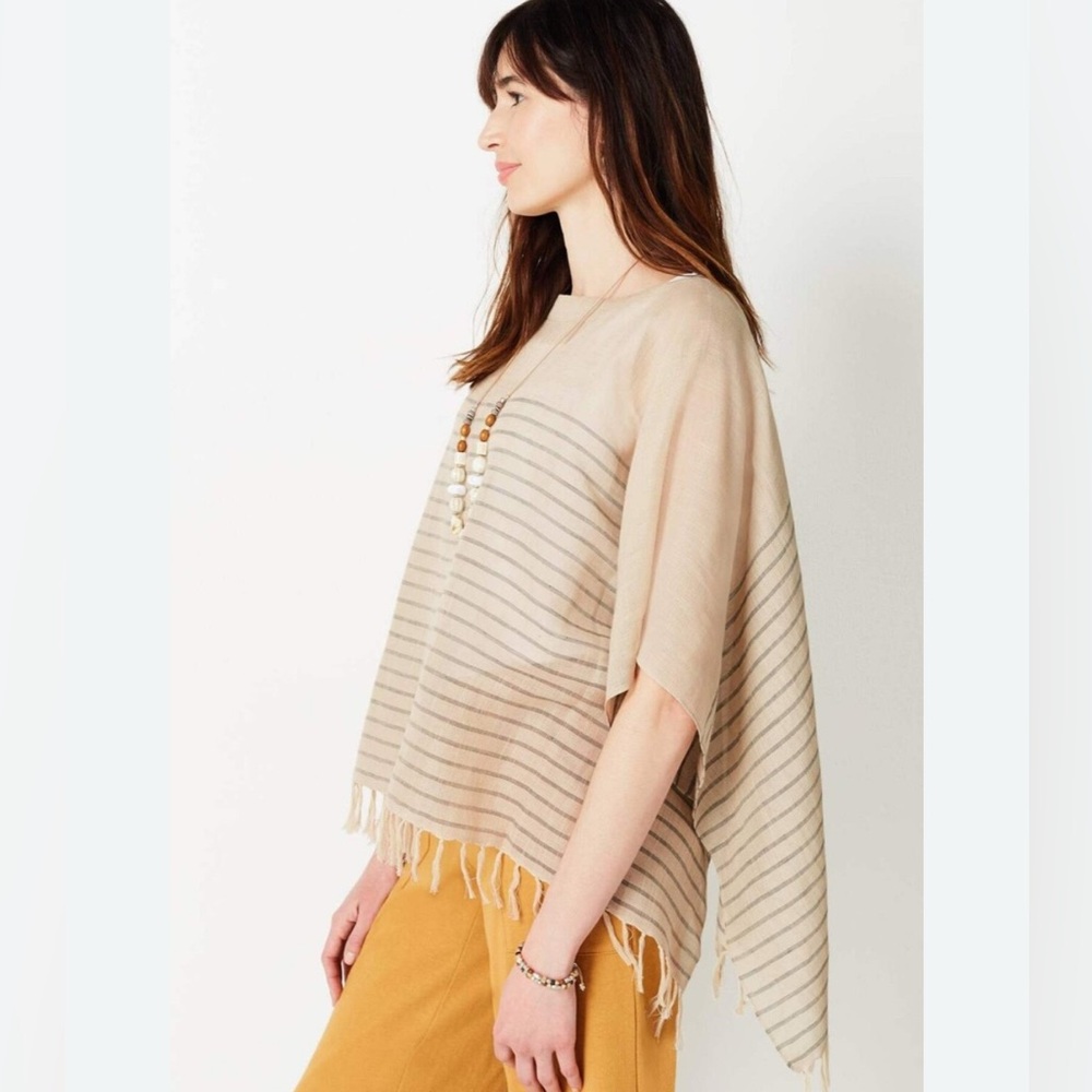 Pure Jill Linen Blend Neutral Striped Fringed Poncho One size